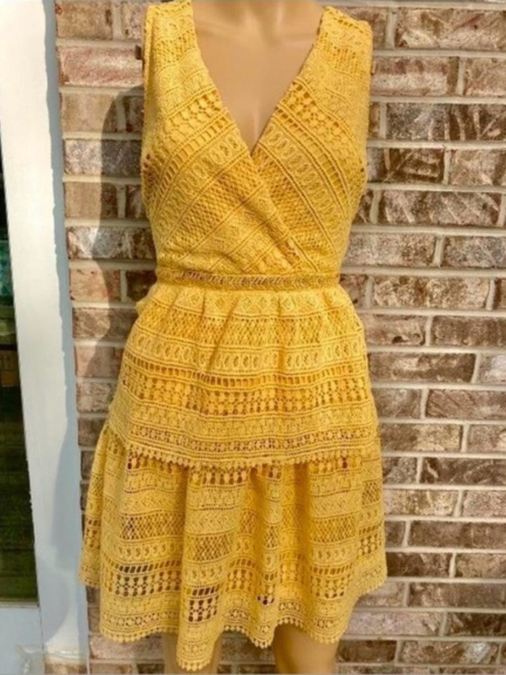 miami Yellow Crochet V-Neck Tiered Mini Dress - Picture 2 of 10